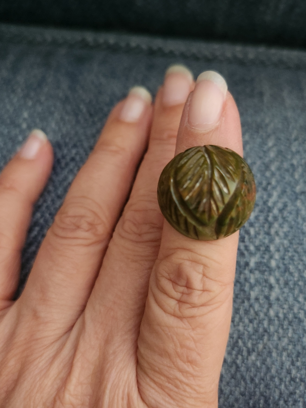 Carved Olive Green Leaf Dome Ring